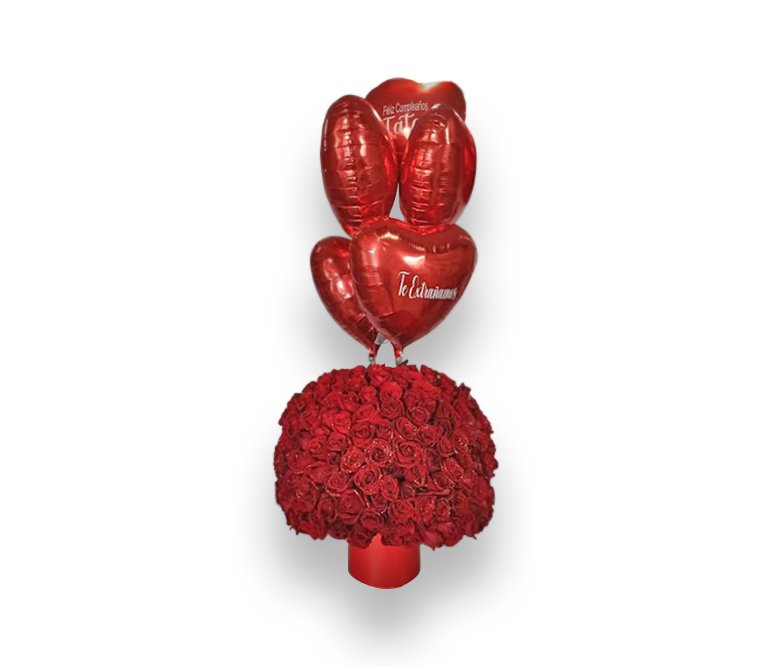 Arreglo Floral Topiario de Rosas con Globos Rotulado